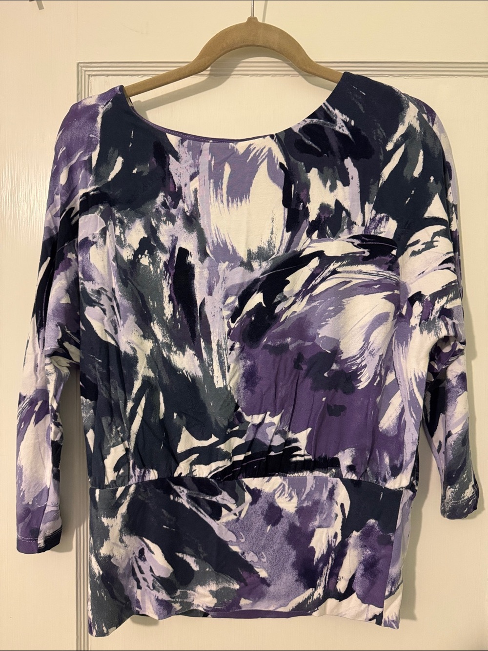 Chico's Purple, White & Black Abstract Boatneck Long Sleeve Top